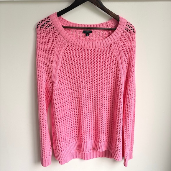 Talbots Sweaters - Talbots Open Knit Sweater XL Barbiecore Pink Cotton Pointelle Pullover Raglan